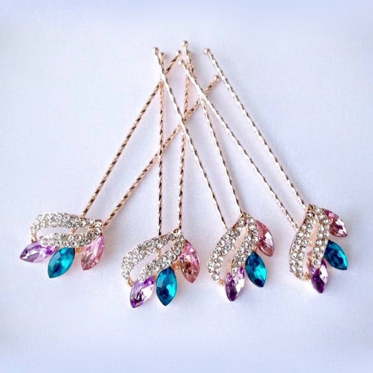 Miley - Rose Gold Colorful Crystal Hair Pins - Set of 4