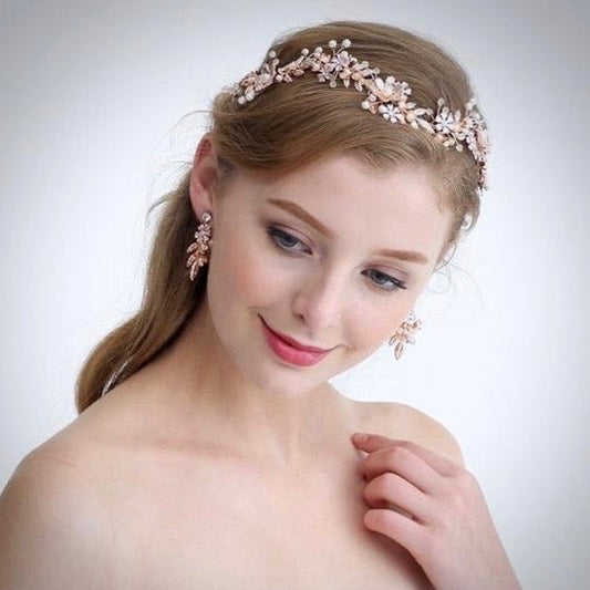 Mariah - Rose Gold Pearl and Crystal Bridal Headband With Matching Earrings