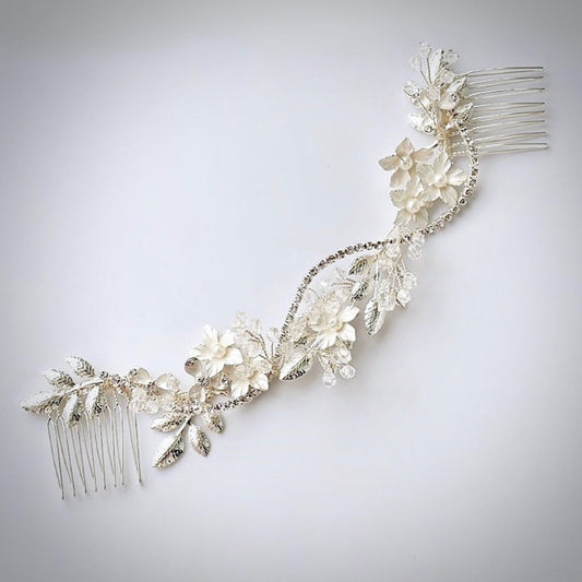 "Gianna" - Silver Pearl and Crystal Bridal Hair Vine