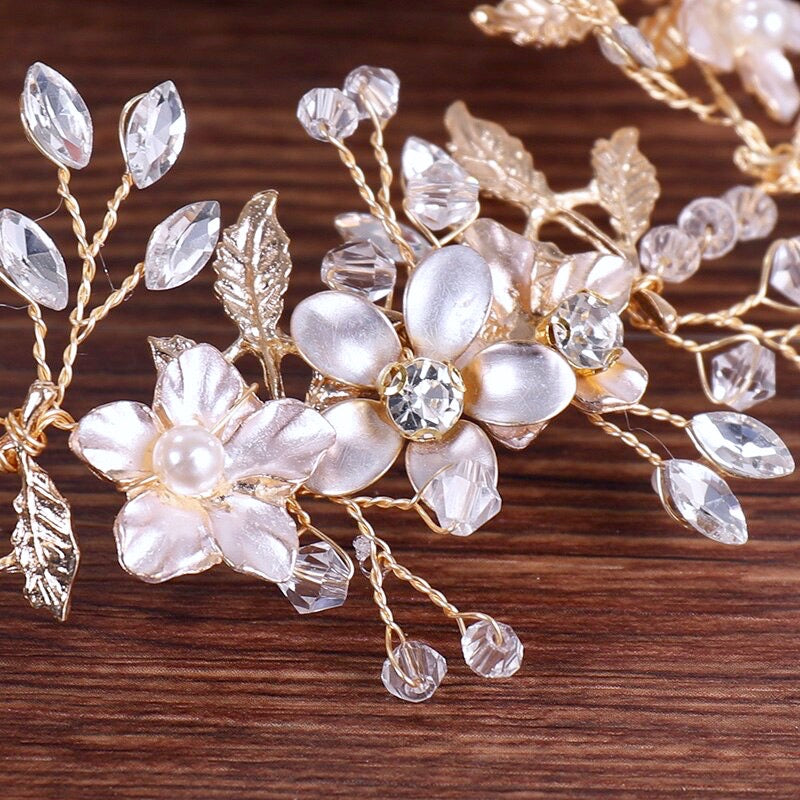 Amanda - Pearl and Crystal Bridal Headband - Available in Gold and Silver
