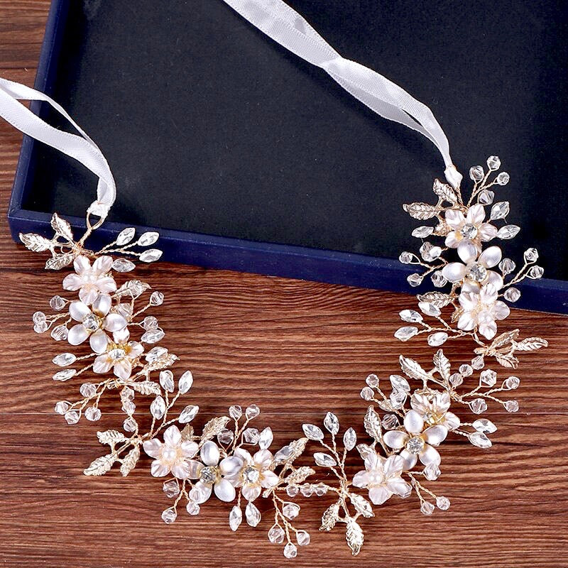 Amanda - Pearl and Crystal Bridal Headband - Available in Gold and Silver