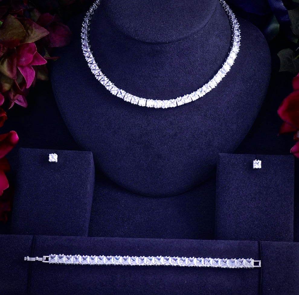 Tasha - Silver Cubic Zirconia Bridal Three-Piece Jewelry Set