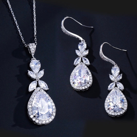 Kendra - Cubic Zirconia Bridal Backdrop Necklace Earrings Set - Available in Silver and Rose Gold