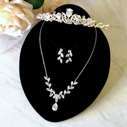 Rochelle - Silver Cubic Zirconia 3-Piece Bridal Jewelry Set With Tiara