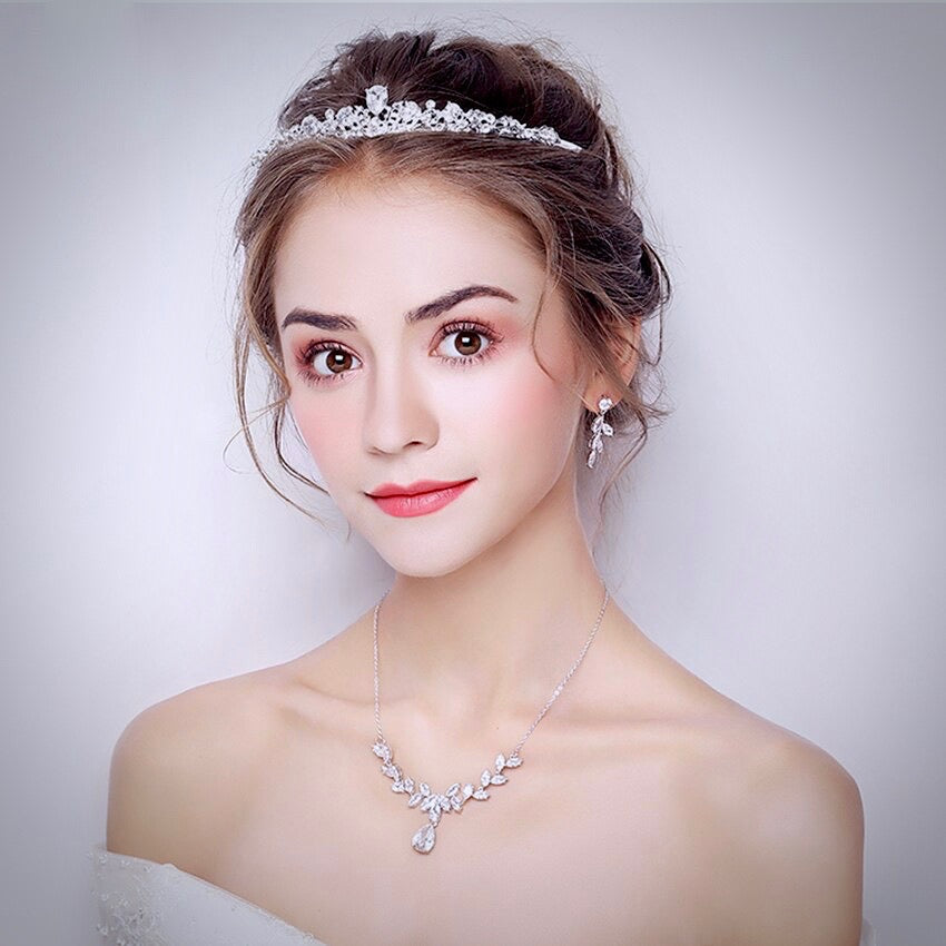 Rochelle - Silver Cubic Zirconia 3-Piece Bridal Jewelry Set With Tiara