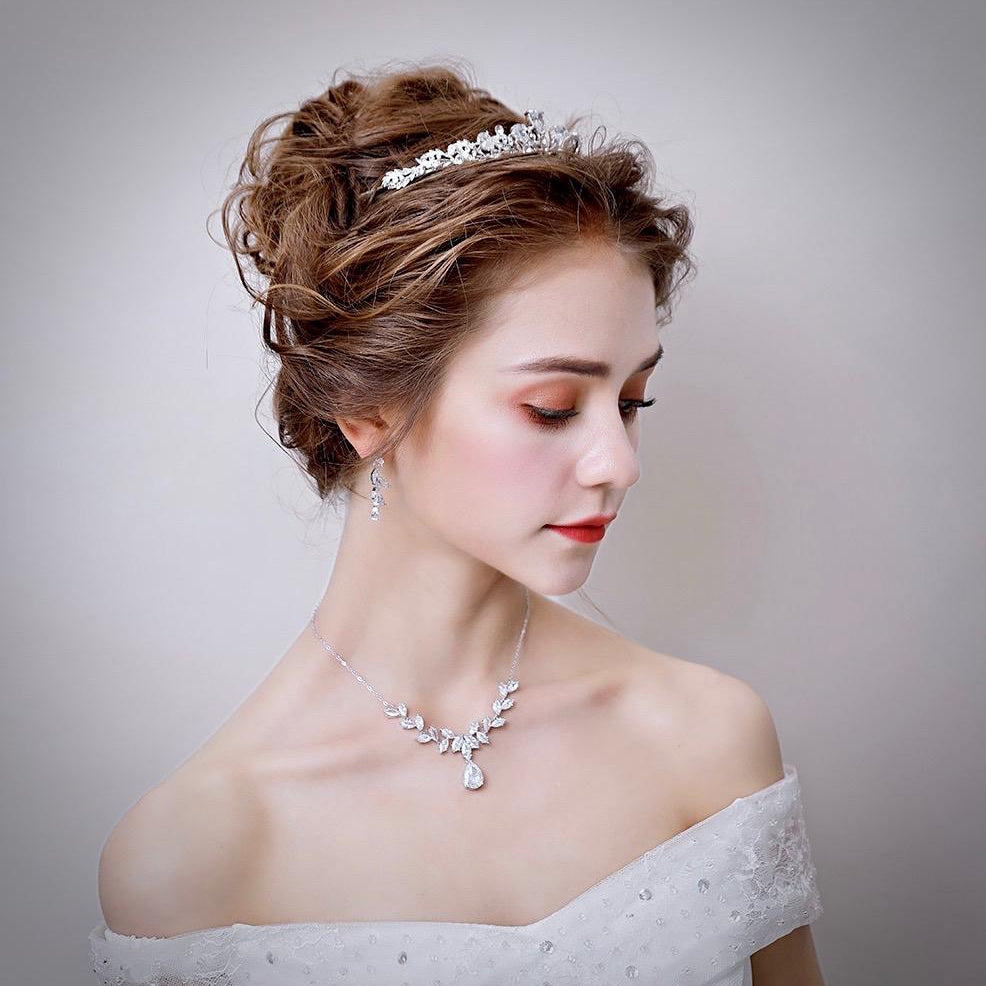 Rochelle - Silver Cubic Zirconia 3-Piece Bridal Jewelry Set With Tiara