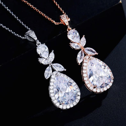 Kendra - Cubic Zirconia Bridal Backdrop Necklace Earrings Set - Available in Silver and Rose Gold