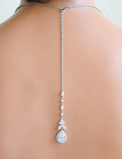 Kendra - Cubic Zirconia Bridal Backdrop Necklace Earrings Set - Available in Silver and Rose Gold