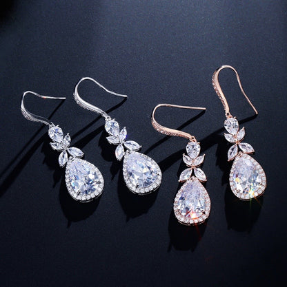 Kendra - Cubic Zirconia Bridal Backdrop Necklace Earrings Set - Available in Silver and Rose Gold