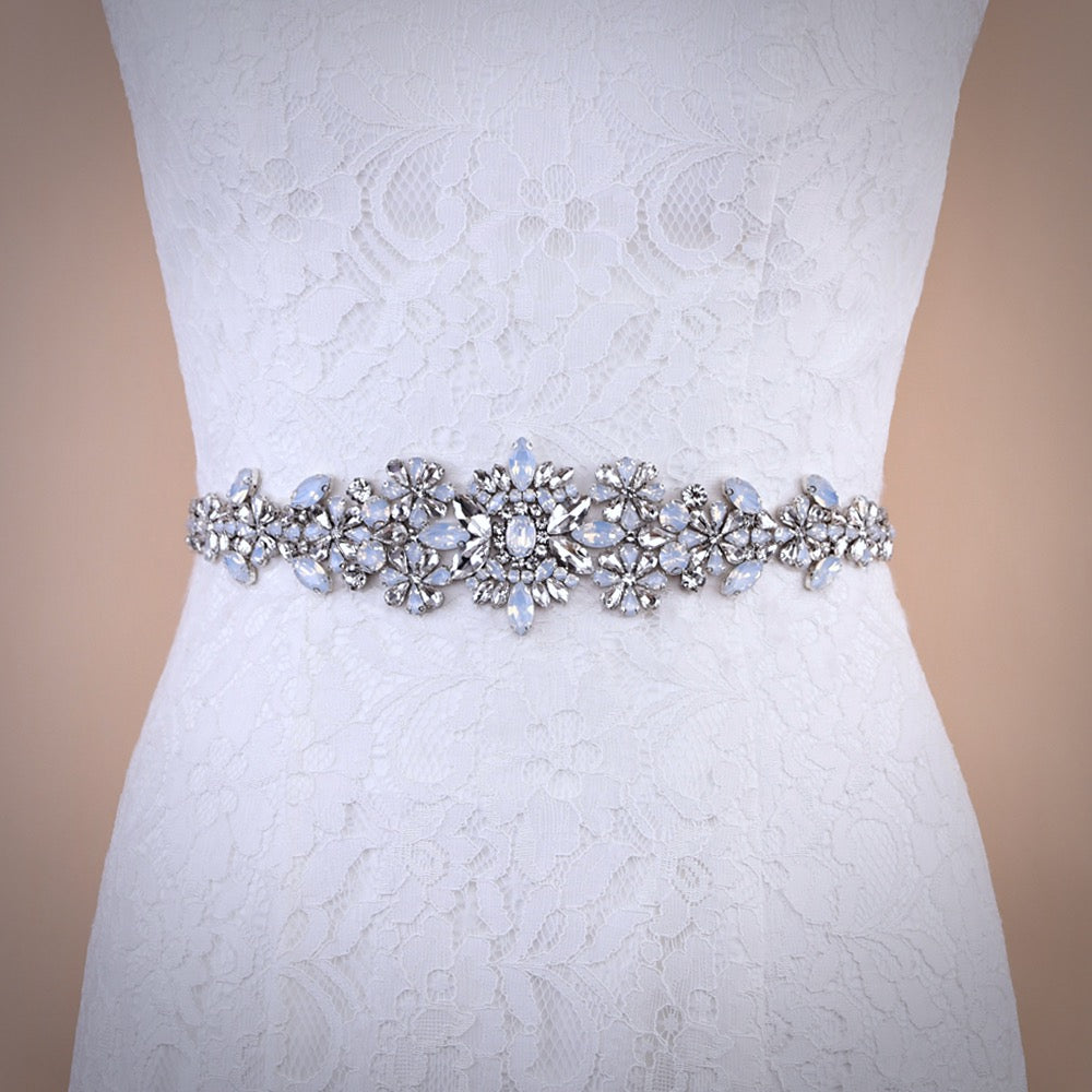 Justine - Swarovski Opal and Pearl Bridal Belt/Sash