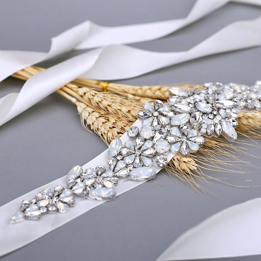Justine - Swarovski Opal and Pearl Bridal Belt/Sash