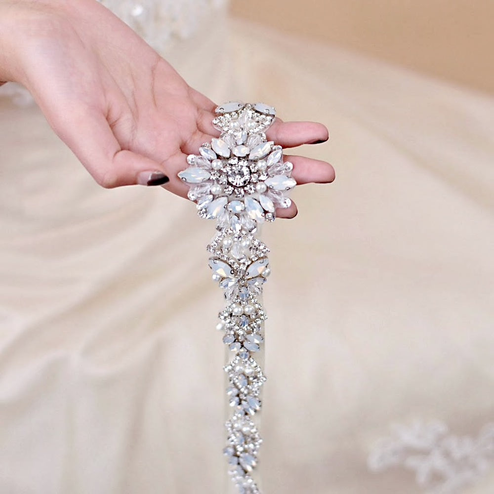 Justine - Swarovski Opal and Pearl Bridal Belt/Sash