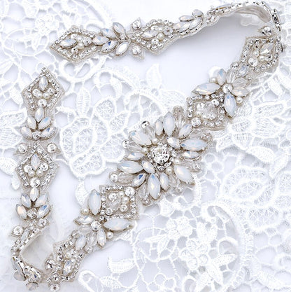 Justine - Swarovski Opal and Pearl Bridal Belt/Sash