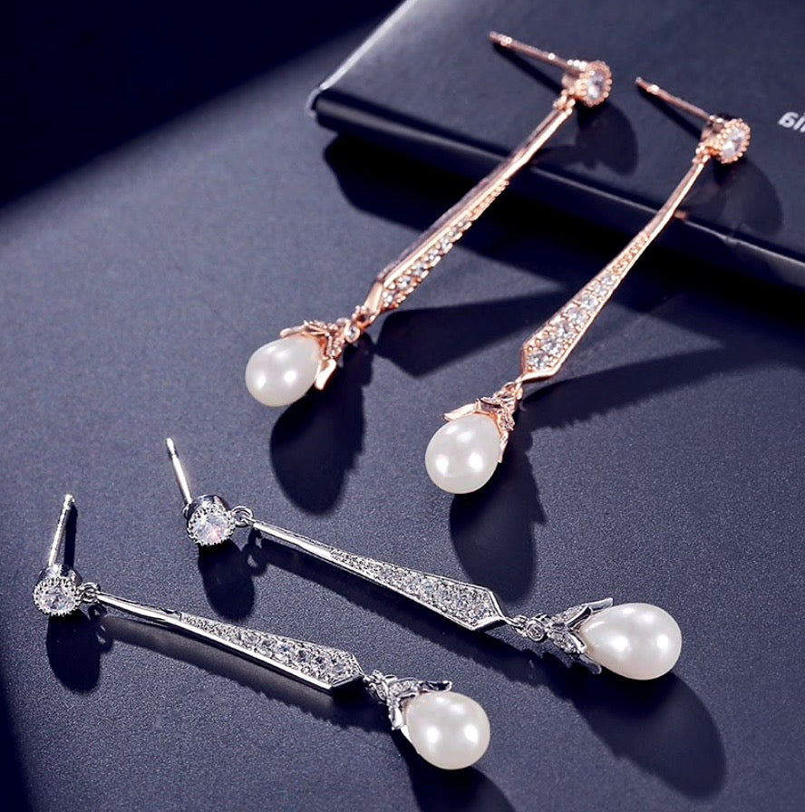 Cece - Art Deco Pearl and CZ Bridal Earrings - Available in Silver, Rose Gold and Yellow Gold