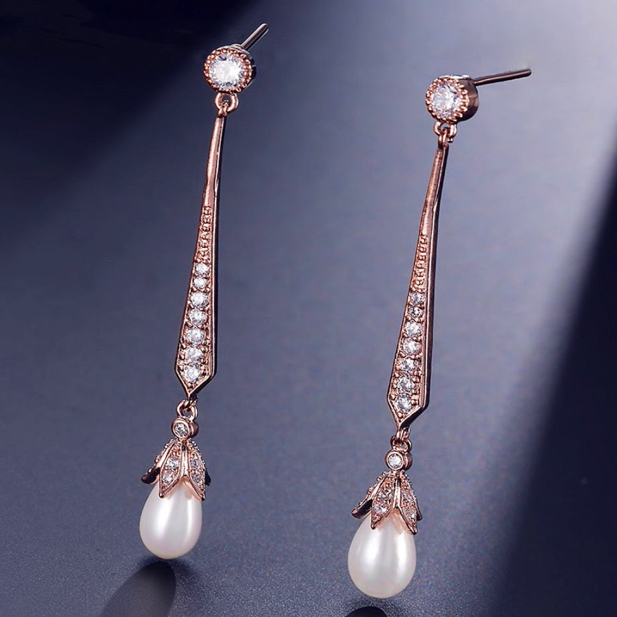 Cece - Art Deco Pearl and CZ Bridal Earrings - Available in Silver, Rose Gold and Yellow Gold