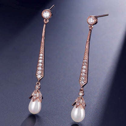 Cece - Art Deco Pearl and CZ Bridal Earrings - Available in Silver, Rose Gold and Yellow Gold