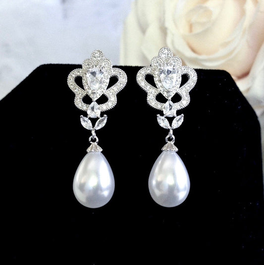 Ayla - Pearl and Cubic Zirconia Bridal Earrings