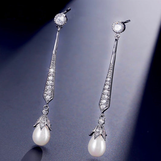 Cece - Art Deco Pearl and CZ Bridal Earrings - Available in Silver, Rose Gold and Yellow Gold
