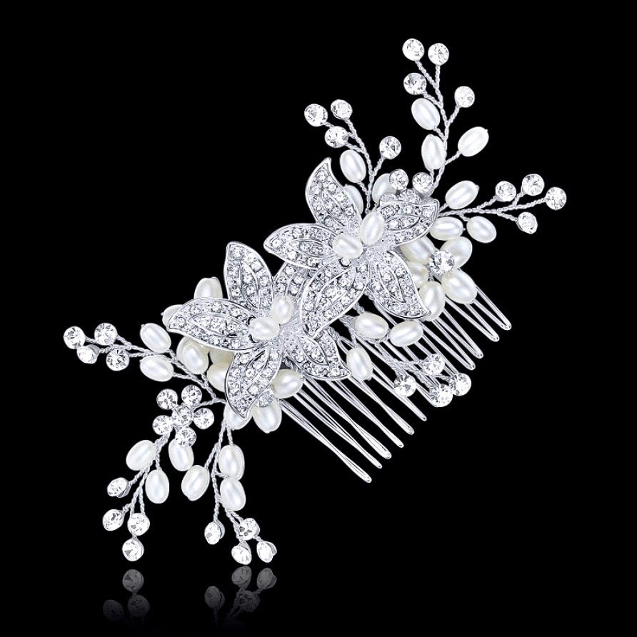 Ellysia - Silver Pearl and Crystal Bridal Hair Comb