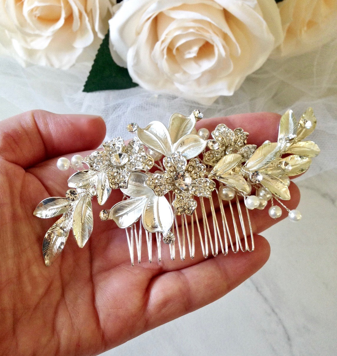 "Aliya" - Pearl Bridal Hair Comb - Available in Silver and Rose Gold