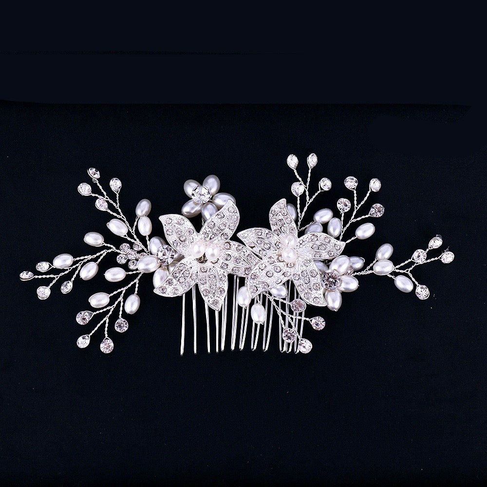 Ellysia - Silver Pearl and Crystal Bridal Hair Comb