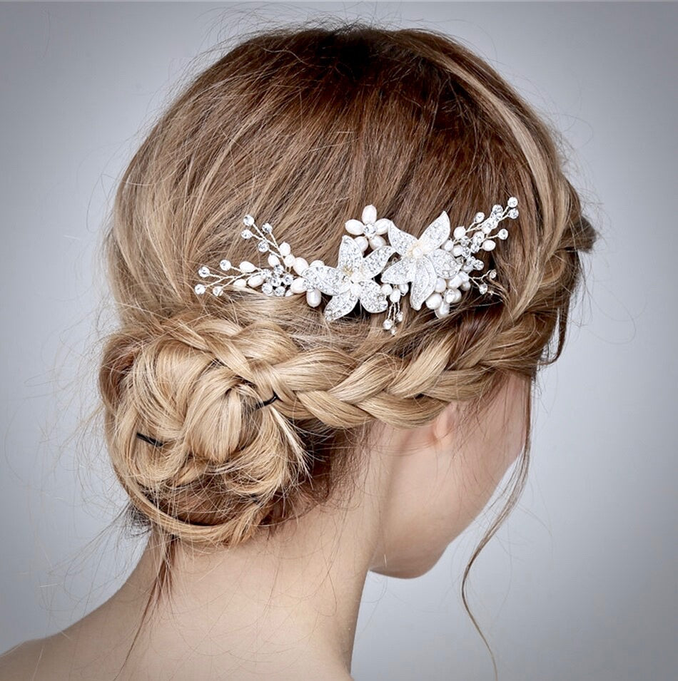 Ellysia - Silver Pearl and Crystal Bridal Hair Comb