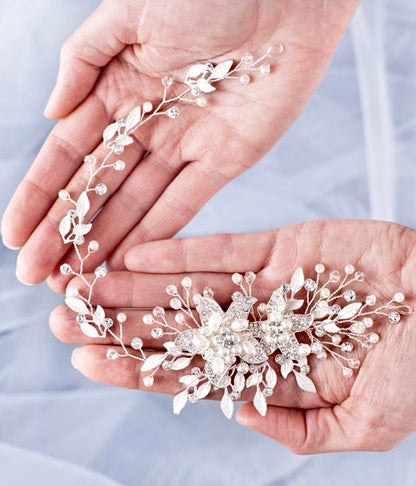 "Ellysia" - Pearl and Crystal Bridal Headband - Available in Silver, Rose Gold and Yellow Gold