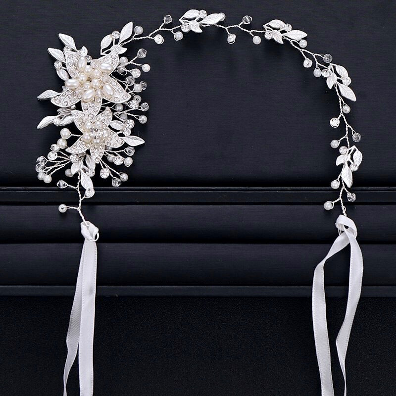 "Ellysia" - Pearl and Crystal Bridal Headband - Available in Silver, Rose Gold and Yellow Gold