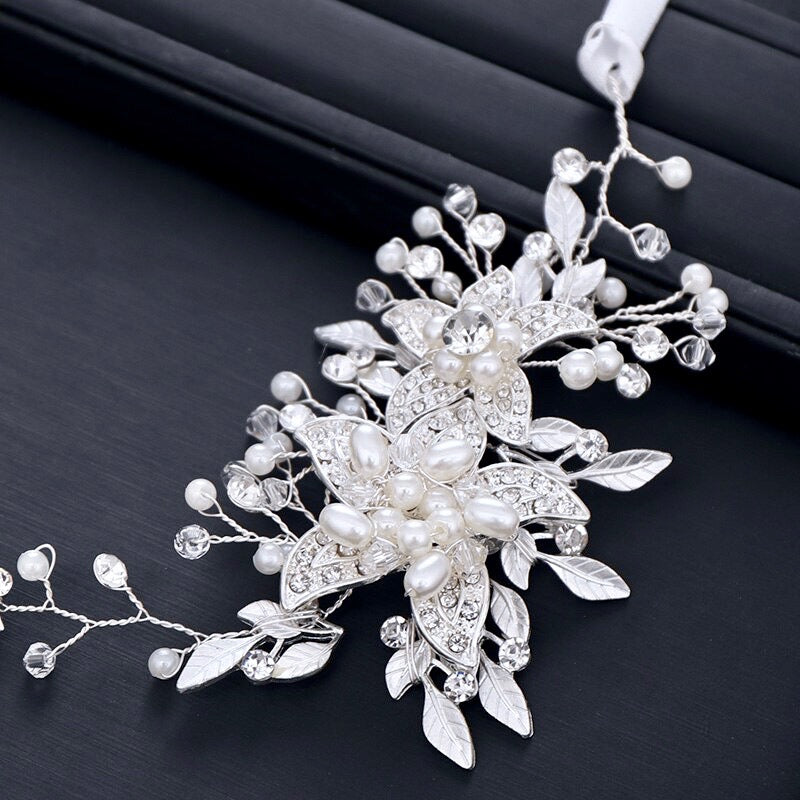 "Ellysia" - Pearl and Crystal Bridal Headband - Available in Silver, Rose Gold and Yellow Gold