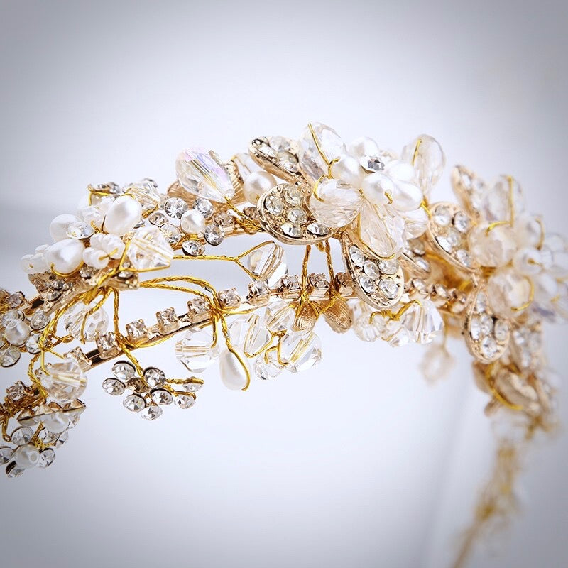 Deirdre - Pearl and Crystal Bridal Headband - Available in Gold and Silver