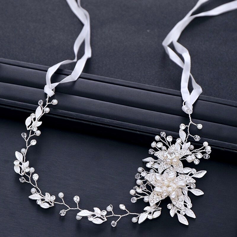 "Ellysia" - Pearl and Crystal Bridal Headband - Available in Silver, Rose Gold and Yellow Gold