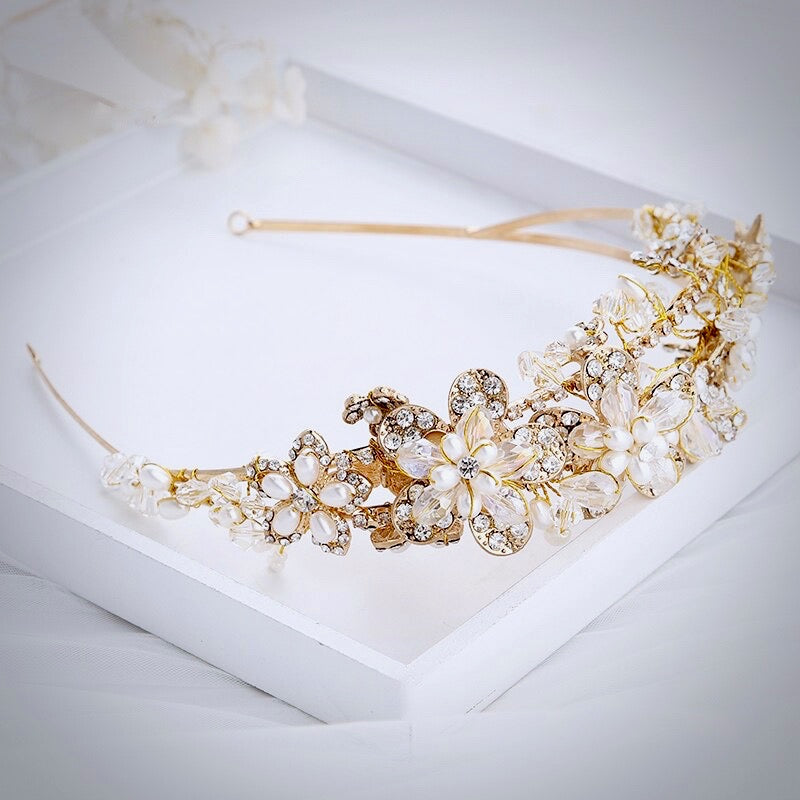 Deirdre - Pearl and Crystal Bridal Headband - Available in Gold and Silver