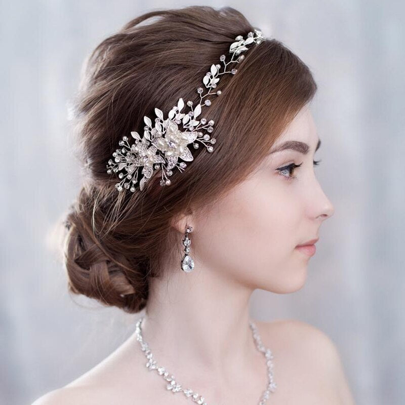 "Ellysia" - Pearl and Crystal Bridal Headband - Available in Silver, Rose Gold and Yellow Gold