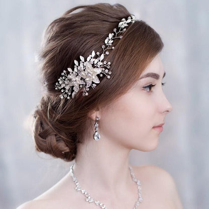 "Ellysia" - Pearl and Crystal Bridal Headband - Available in Silver, Rose Gold and Yellow Gold