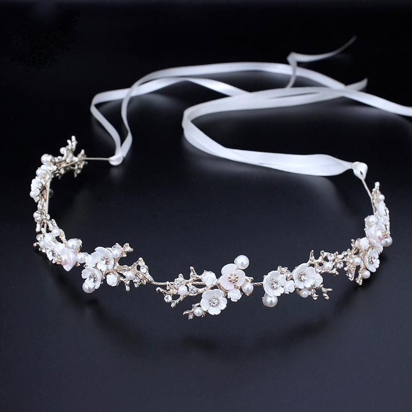 "Yvonne" - Pearl and Crystal Bridal Headband - Available in Yellow Gold, Rose Gold and Silver