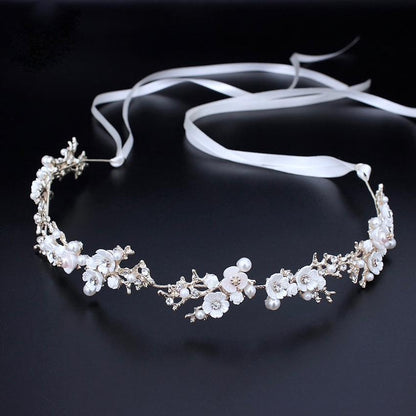 "Yvonne" - Pearl and Crystal Bridal Headband - Available in Yellow Gold, Rose Gold and Silver