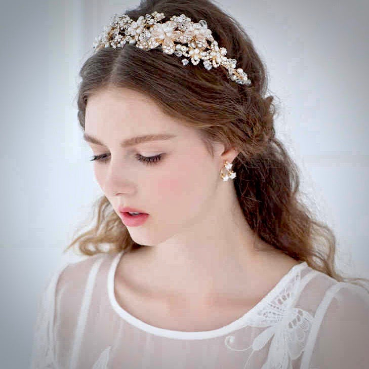 Deirdre - Pearl and Crystal Bridal Headband - Available in Gold and Silver