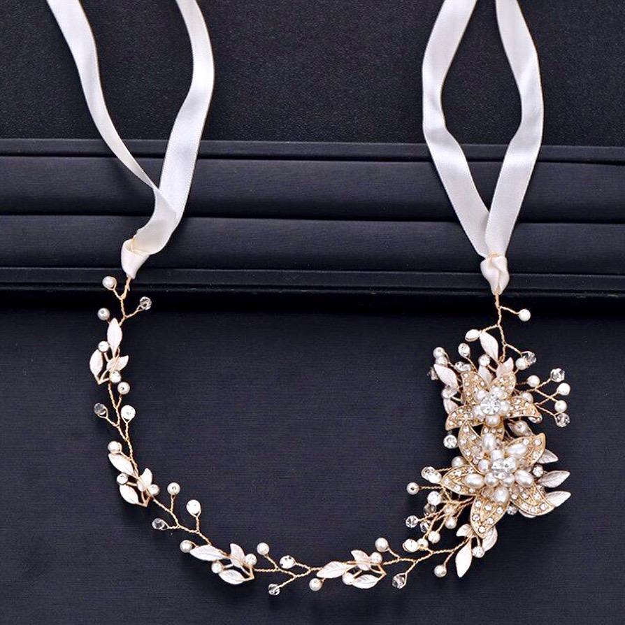 "Ellysia" - Pearl and Crystal Bridal Headband - Available in Silver, Rose Gold and Yellow Gold