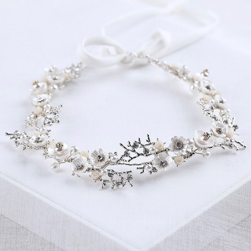 "Yvonne" - Pearl and Crystal Bridal Headband - Available in Yellow Gold, Rose Gold and Silver