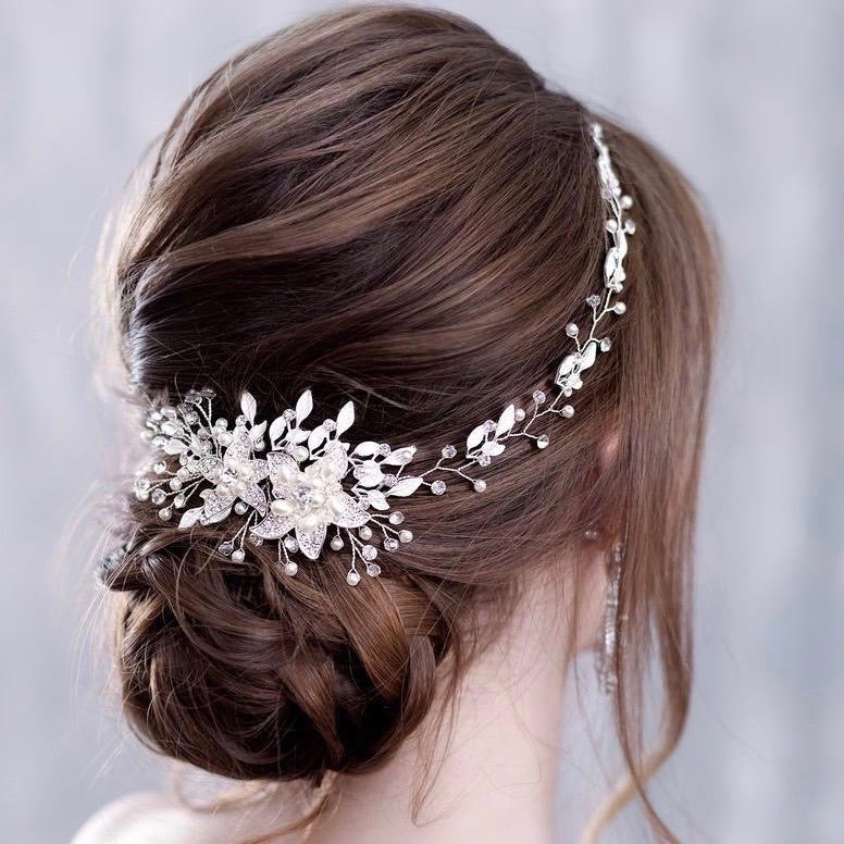 "Ellysia" - Pearl and Crystal Bridal Headband - Available in Silver, Rose Gold and Yellow Gold