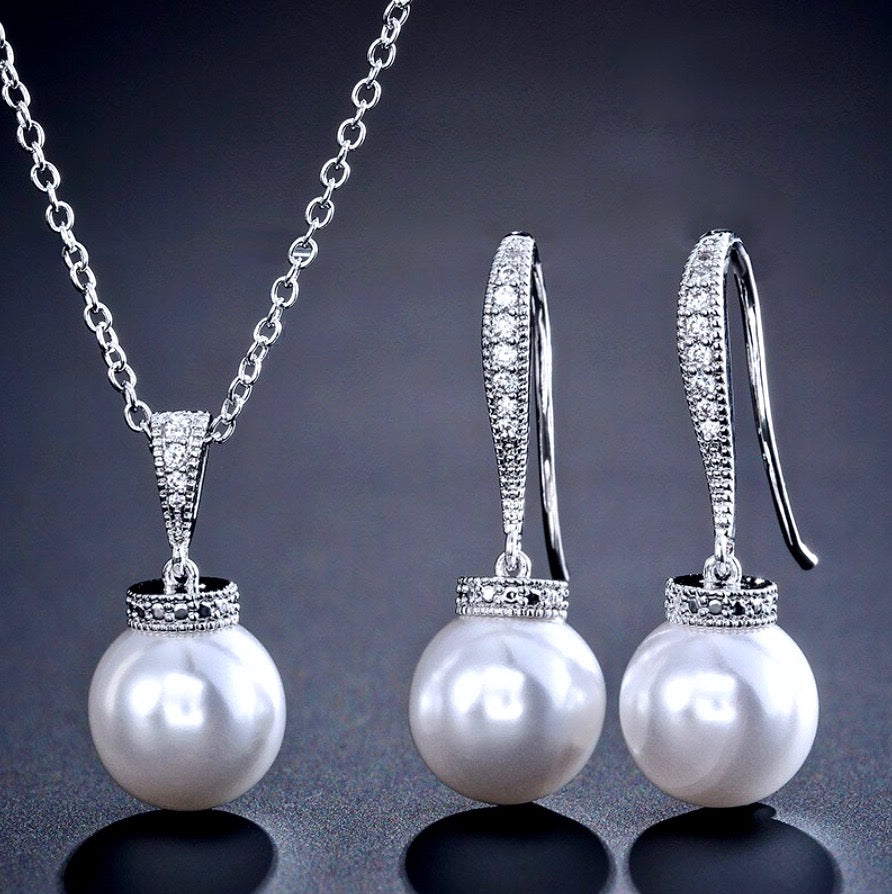 Stacey - Pearl and Cubic Zirconia Bridal Jewelry Set - Available in Silver, Rose Gold and Yellow Gold