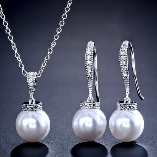 Stacey - Pearl and Cubic Zirconia Bridal Jewelry Set - Available in Silver, Rose Gold and Yellow Gold
