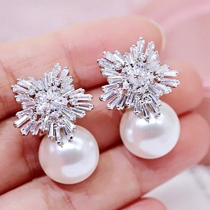 Alba - Pearl and Cubic Zirconia Snowflake Bridal Earrings - More Colors
