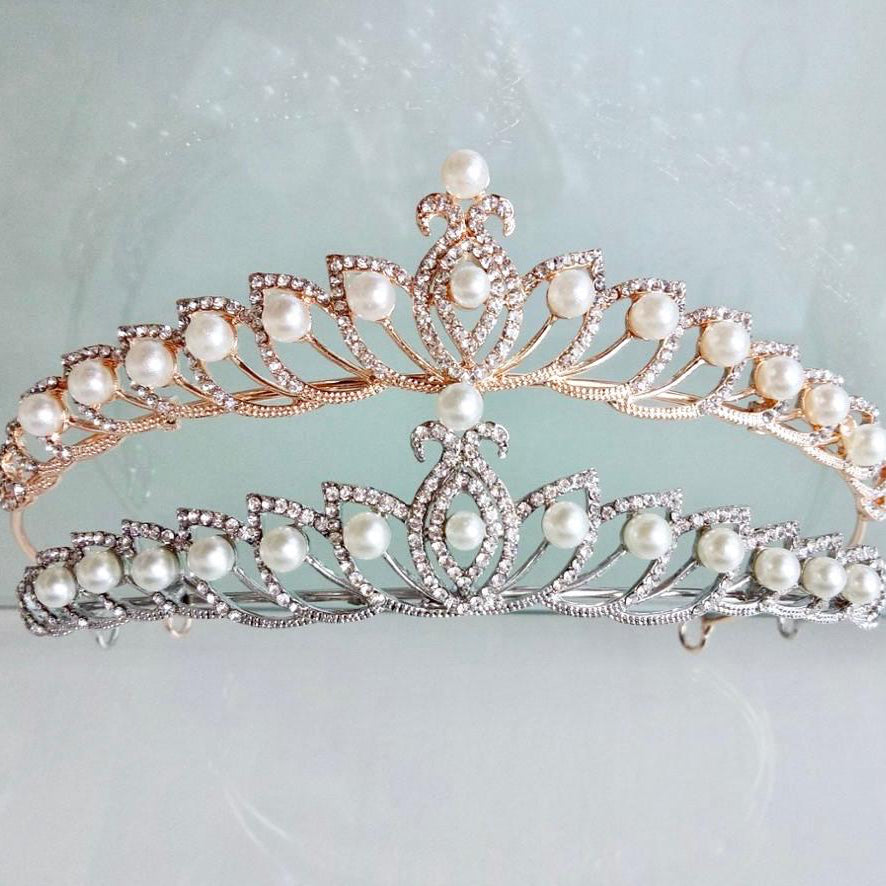 Tracy - Wedding Pearl and Cubic Zirconia Tiara - Available in Silver and Rose Gold
