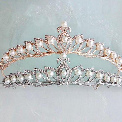 Tracy - Wedding Pearl and Cubic Zirconia Tiara - Available in Silver and Rose Gold