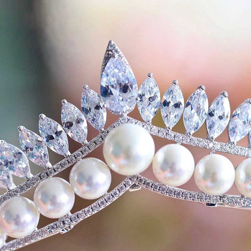 Rianna - Pearl and Cubic Zirconia Bridal Tiara - Available in Silver and Gold