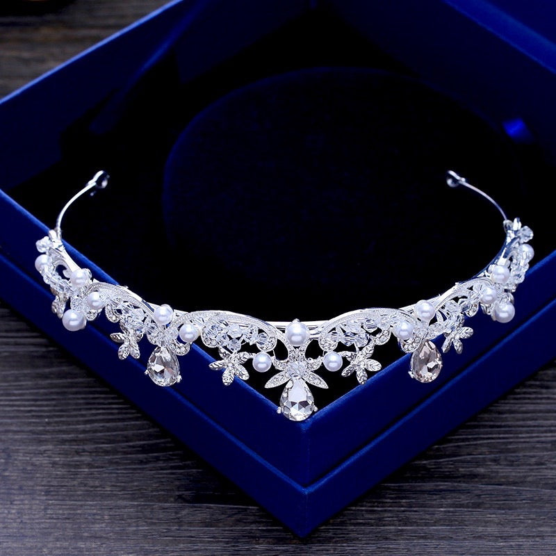 Edith - Wedding Pearl and Cubic Zirconia Tiara - Available in Silver and Gold