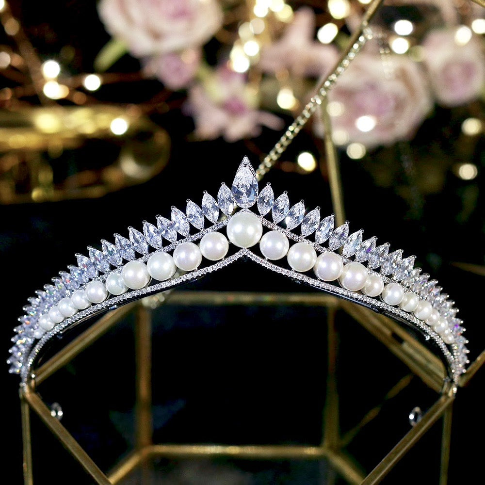 Rianna - Pearl and Cubic Zirconia Bridal Tiara - Available in Silver and Gold