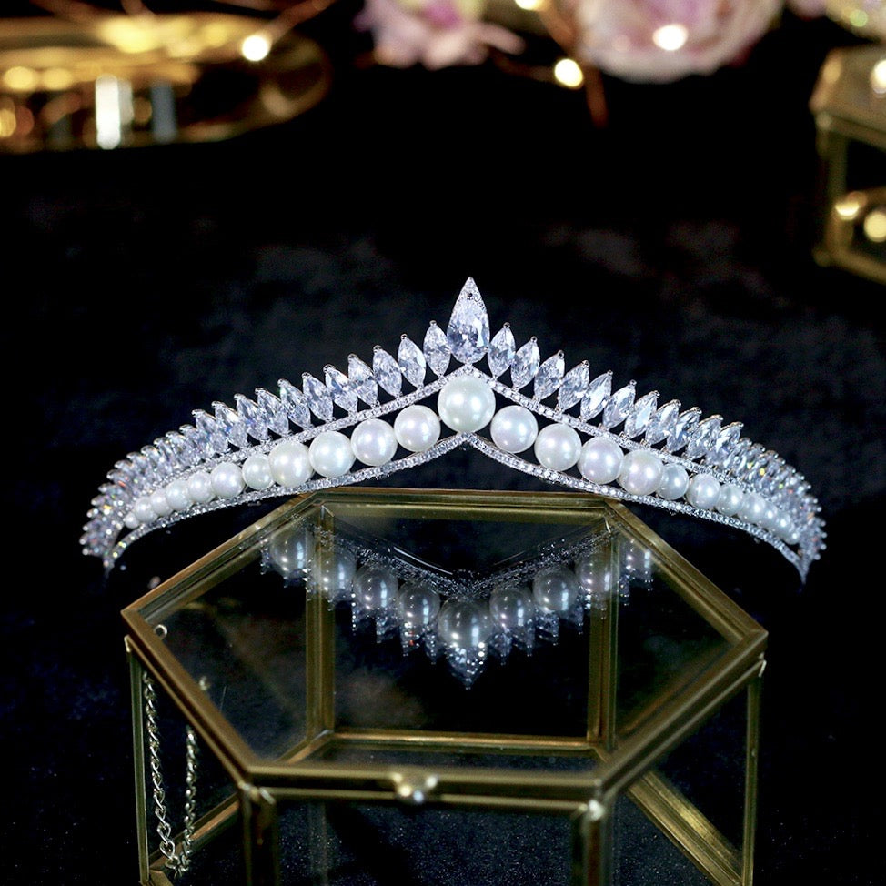 Rianna - Pearl and Cubic Zirconia Bridal Tiara - Available in Silver and Gold