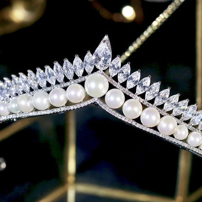 Rianna - Pearl and Cubic Zirconia Bridal Tiara - Available in Silver and Gold
